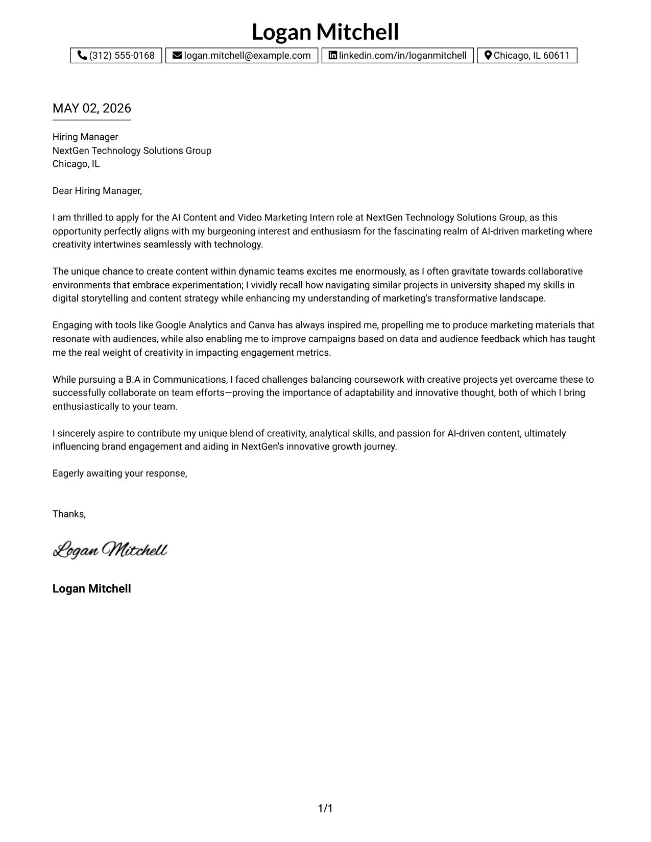 AI Content and Video Marketing Intern Cover Letter Example One Column Boxed Contact Header Format