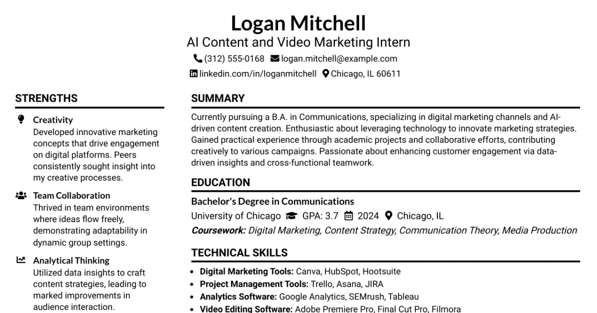 33 AI Content and Video Marketing Intern Resume Templates with Example 2026 (ATS-Optimized)