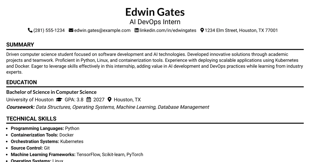 33 AI DevOps Intern Resume Templates with Example 2026 (ATS-Optimized)