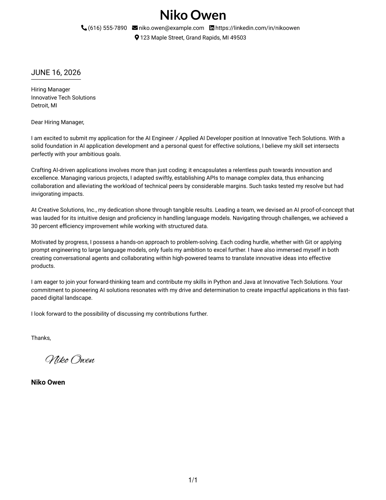 Resume Example Page 1