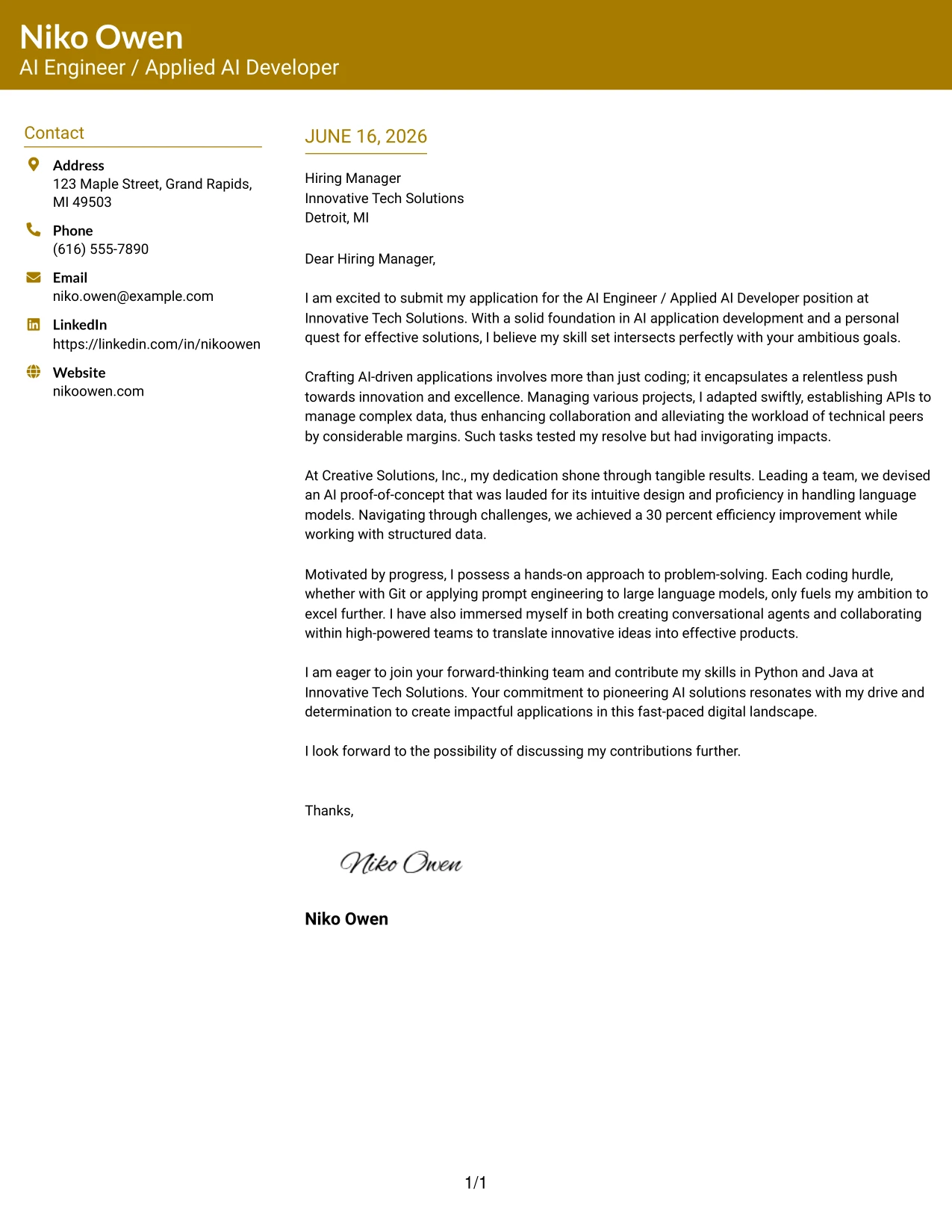 Resume Example Page 1