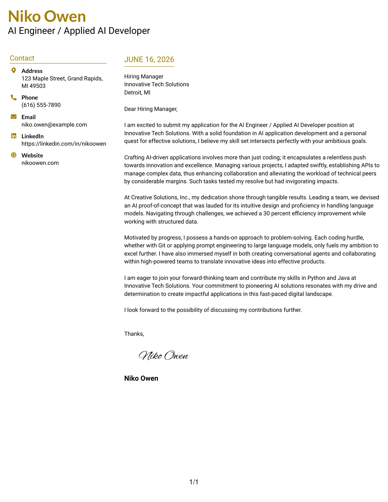 Resume Example Page 1