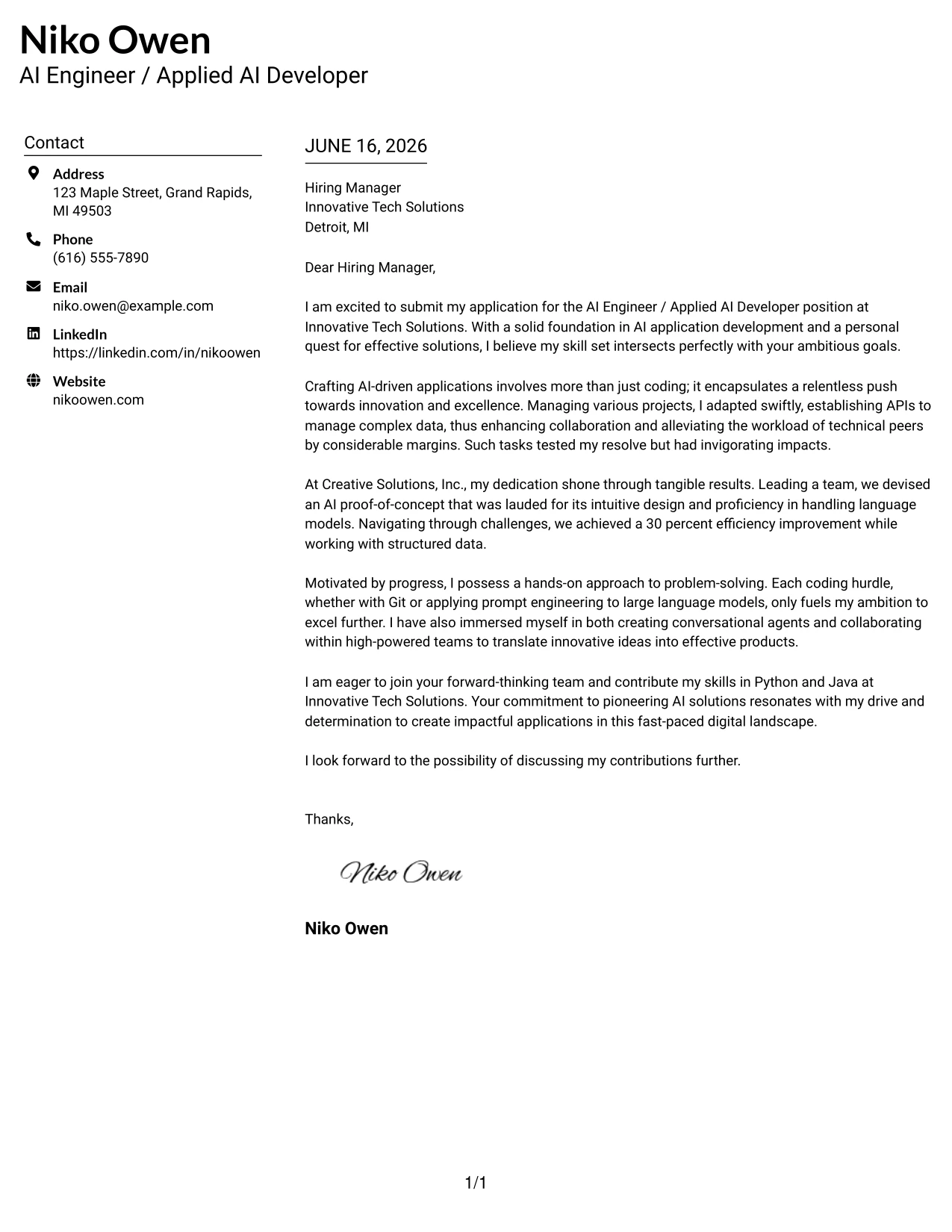 Resume Example Page 1