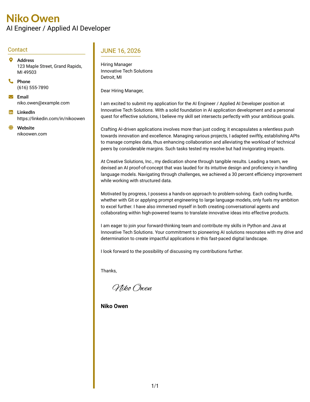 Resume Example Page 1