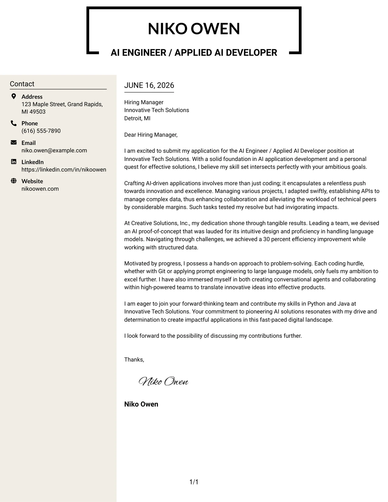 Resume Example Page 1