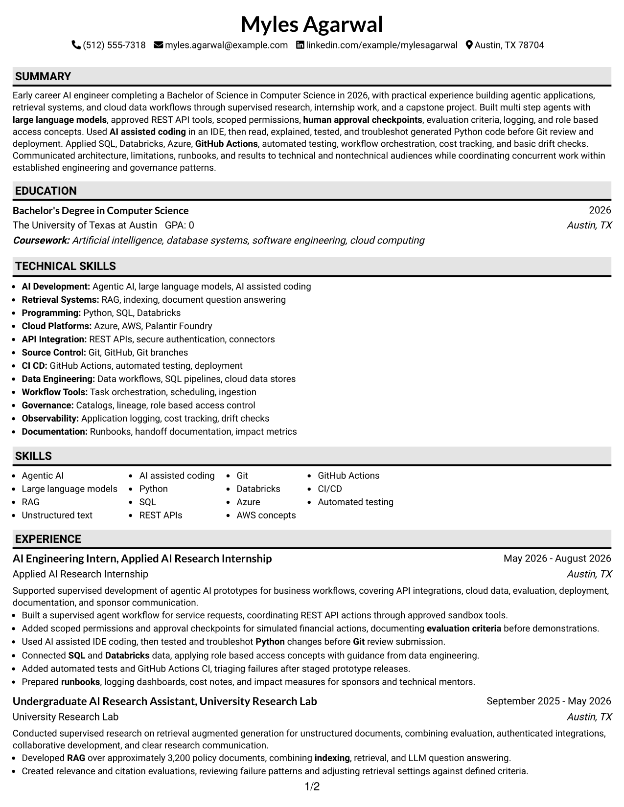 Resume Example Page 1