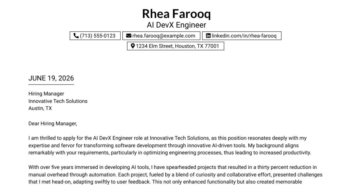 30+ AI Engineer, Developer Experience Cover Letter Templates with Example 2026