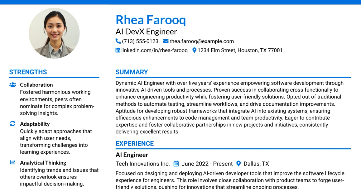 33 AI Engineer, Developer Experience Resume Templates with Example 2026 (ATS-Optimized)