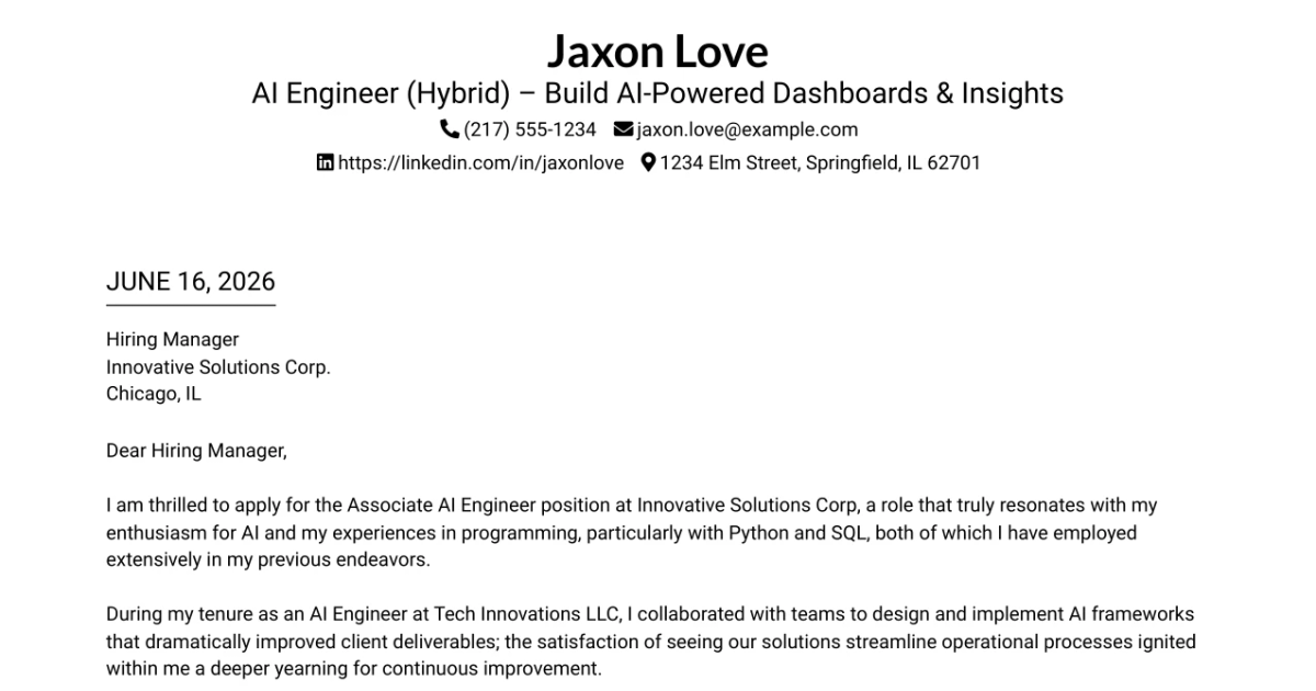 30+ AI Engineer (Hybrid) – Build AI-Powered Dashboards & Insights Cover Letter Templates with Example 2026