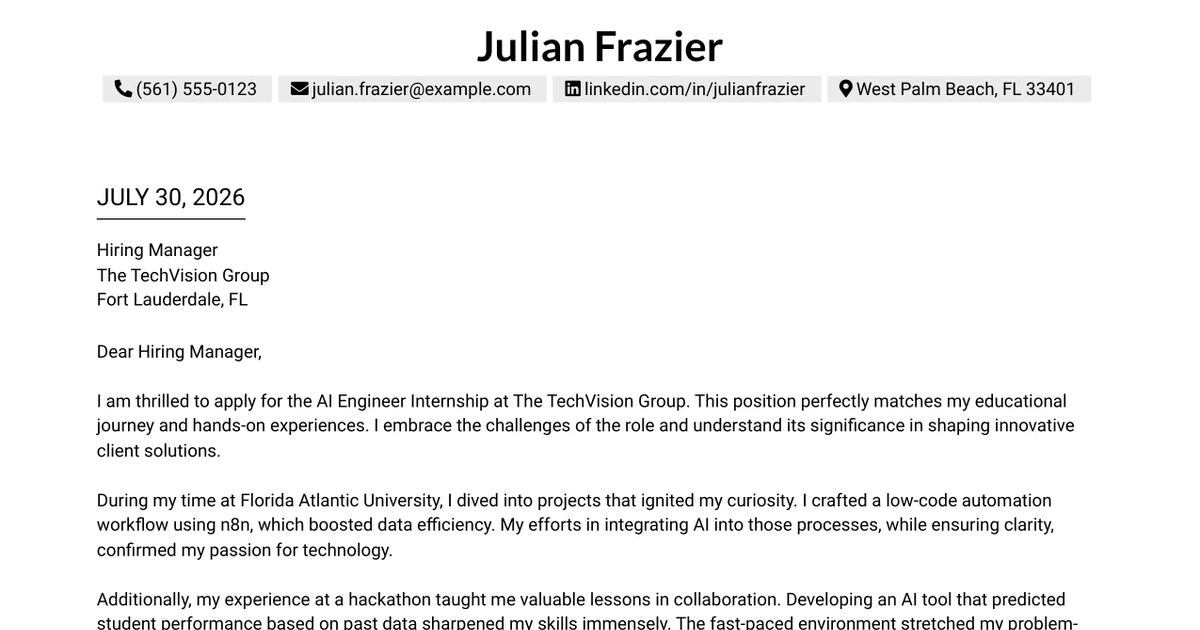30+ AI Engineer Internship Cover Letter Templates with Example 2026