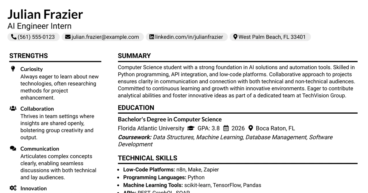 33 AI Engineer Internship Resume Templates with Example 2026 (ATS-Optimized)