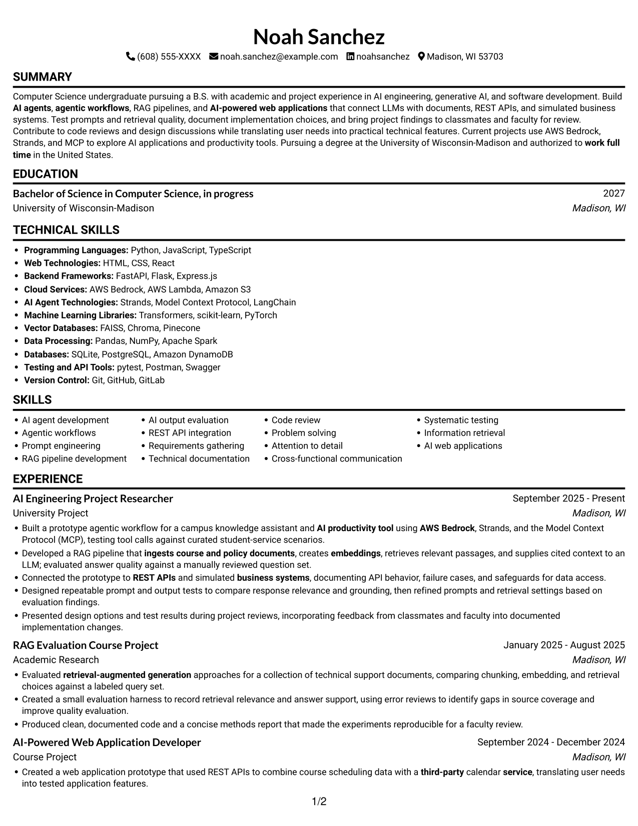 AI Engineering Intern - Agentic AI and RAG resume, page 1