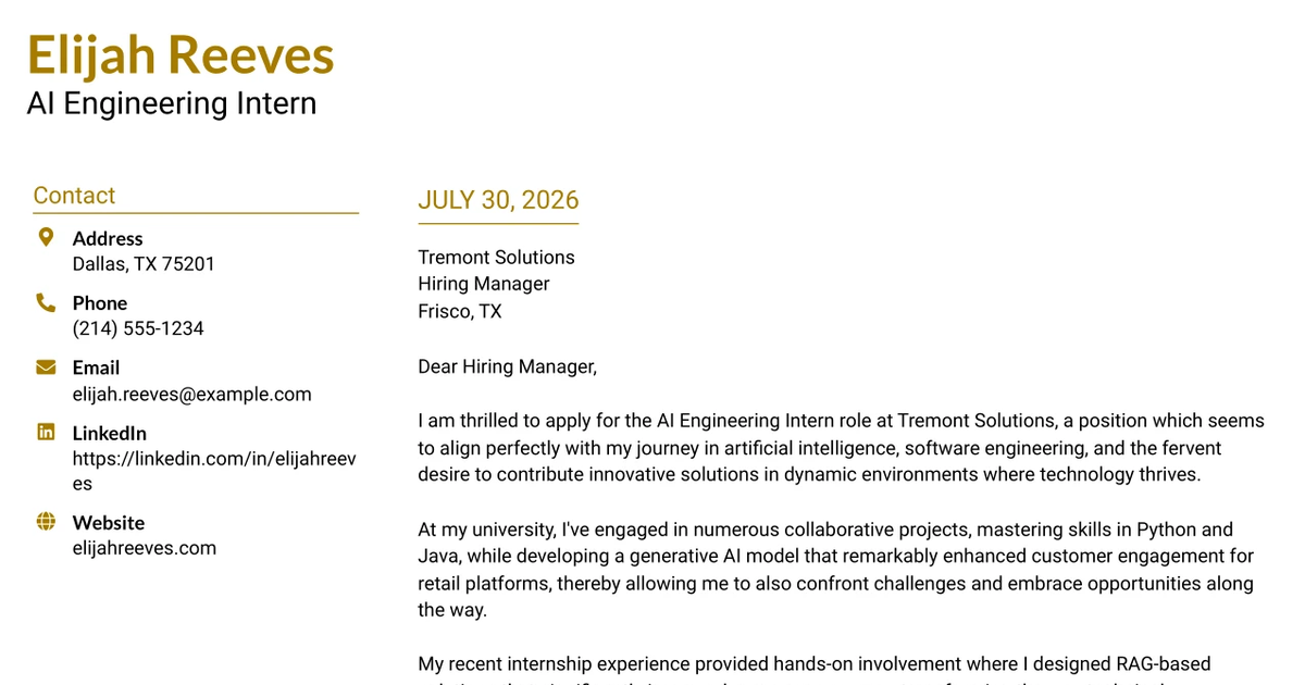 30+ AI Engineering Intern Cover Letter Templates with Example 2026