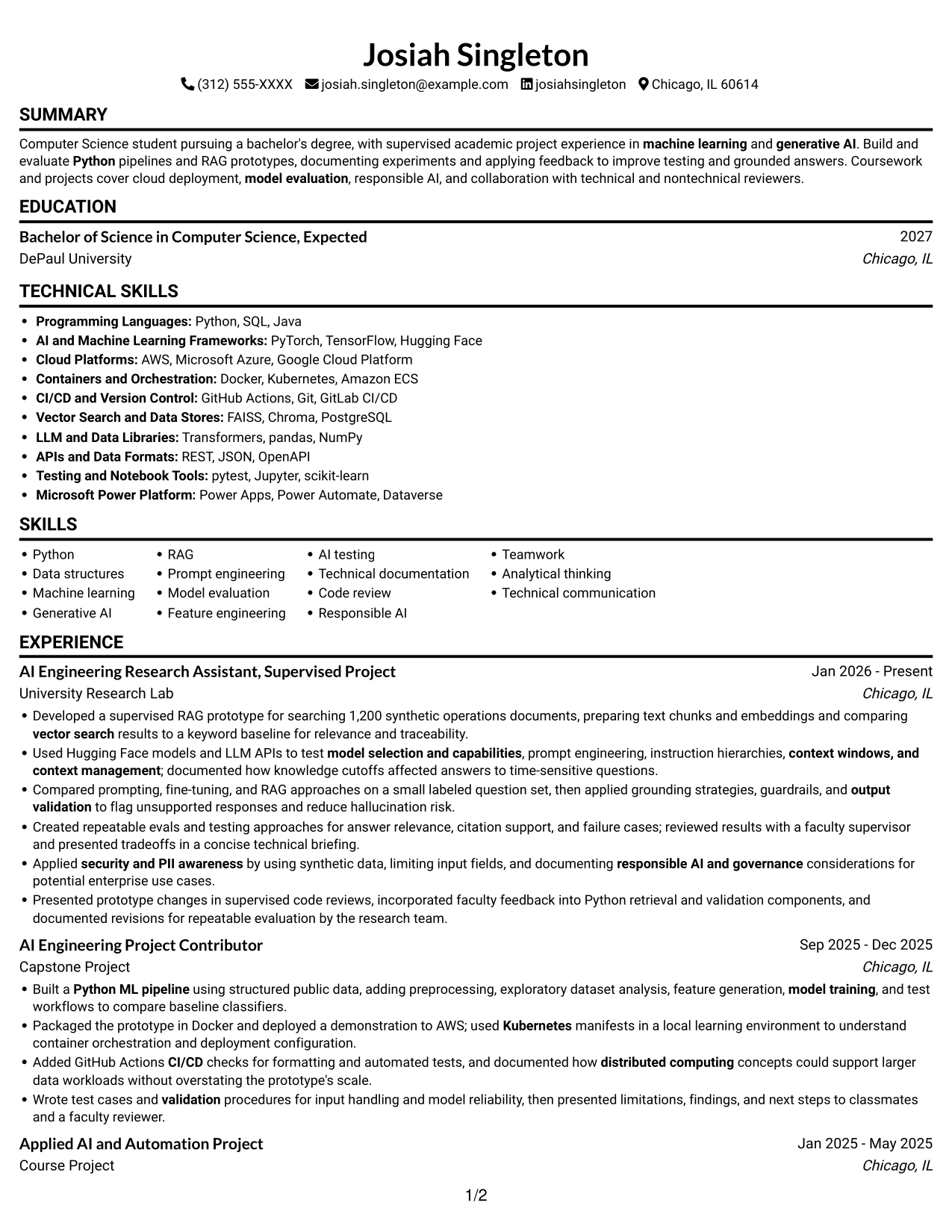 AI Engineering Intern - Generative AI and RAG resume, page 1