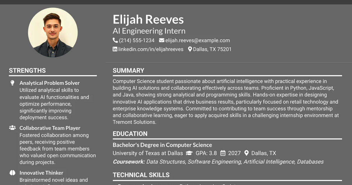 33 AI Engineering Intern Resume Templates with Example 2026 (ATS-Optimized)