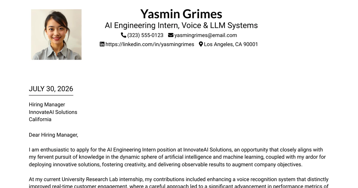 30+ AI Engineering Intern, Voice & LLM Systems Cover Letter Templates with Example 2026