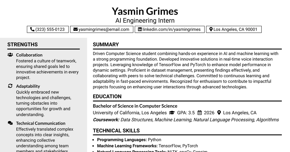 33 AI Engineering Intern, Voice & LLM Systems Resume Templates with Example 2026 (ATS-Optimized)