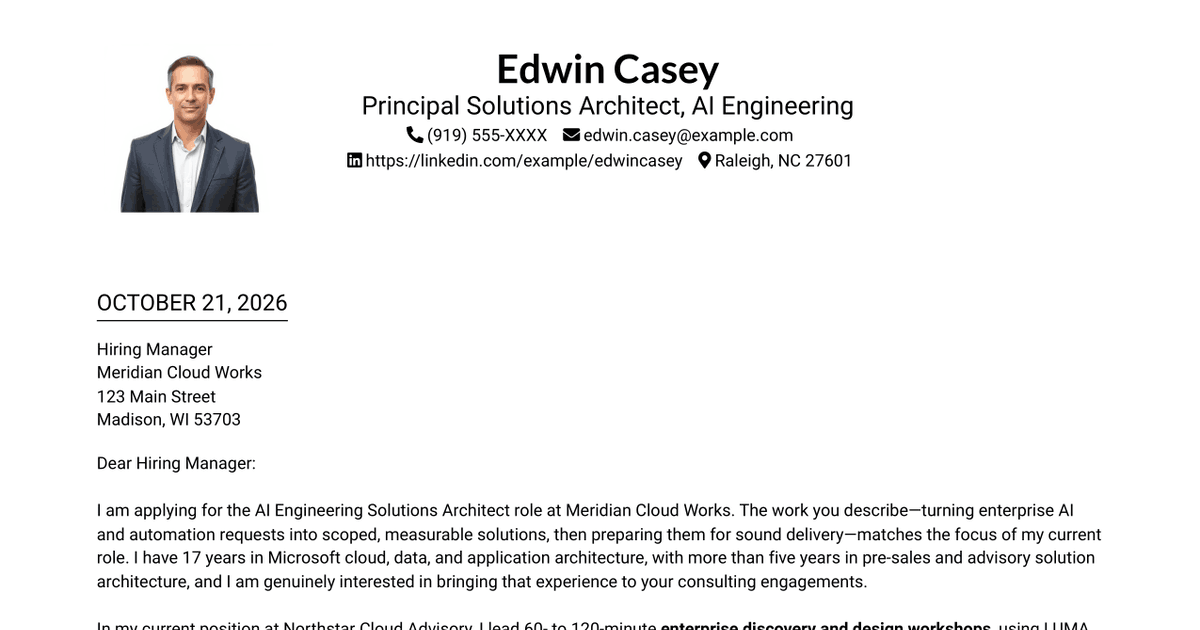 7 AI Engineering Solutions Architect Cover Letter Templates with Example