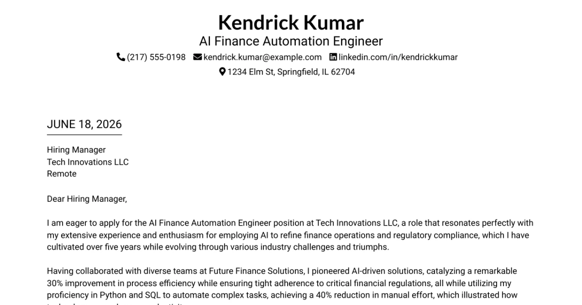 30+ AI Finance Automation Engineer Cover Letter Templates with Example 2026
