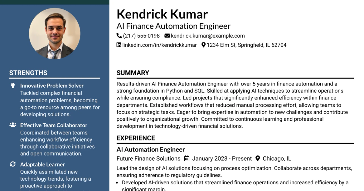 33 AI Finance Automation Engineer Resume Templates with Example 2026 (ATS-Optimized)