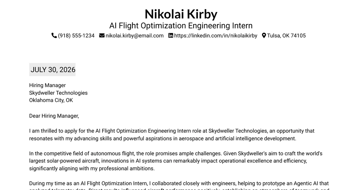30+ AI Flight Optimization Engineering Intern Cover Letter Templates with Example 2026