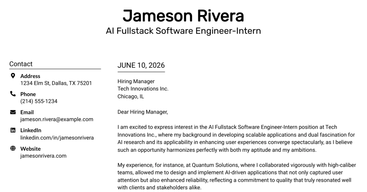 30+ AI Fullstack Software Engineer-Intern Cover Letter Templates with Example 2026