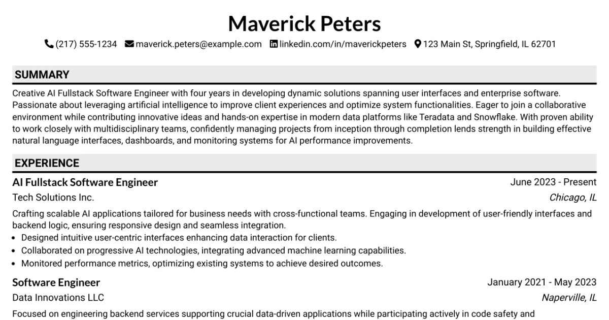 33 AI Fullstack Software Engineer Resume Templates with Example 2026 (ATS-Optimized)