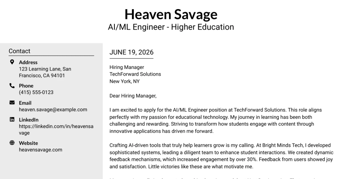30+ AI/ML Engineer - Higher Education Cover Letter Templates with Example 2026