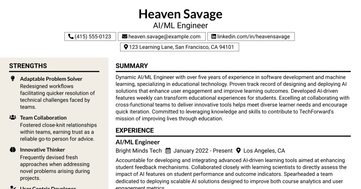 33 AI/ML Engineer - Higher Education Resume Templates with Example 2026 (ATS-Optimized)