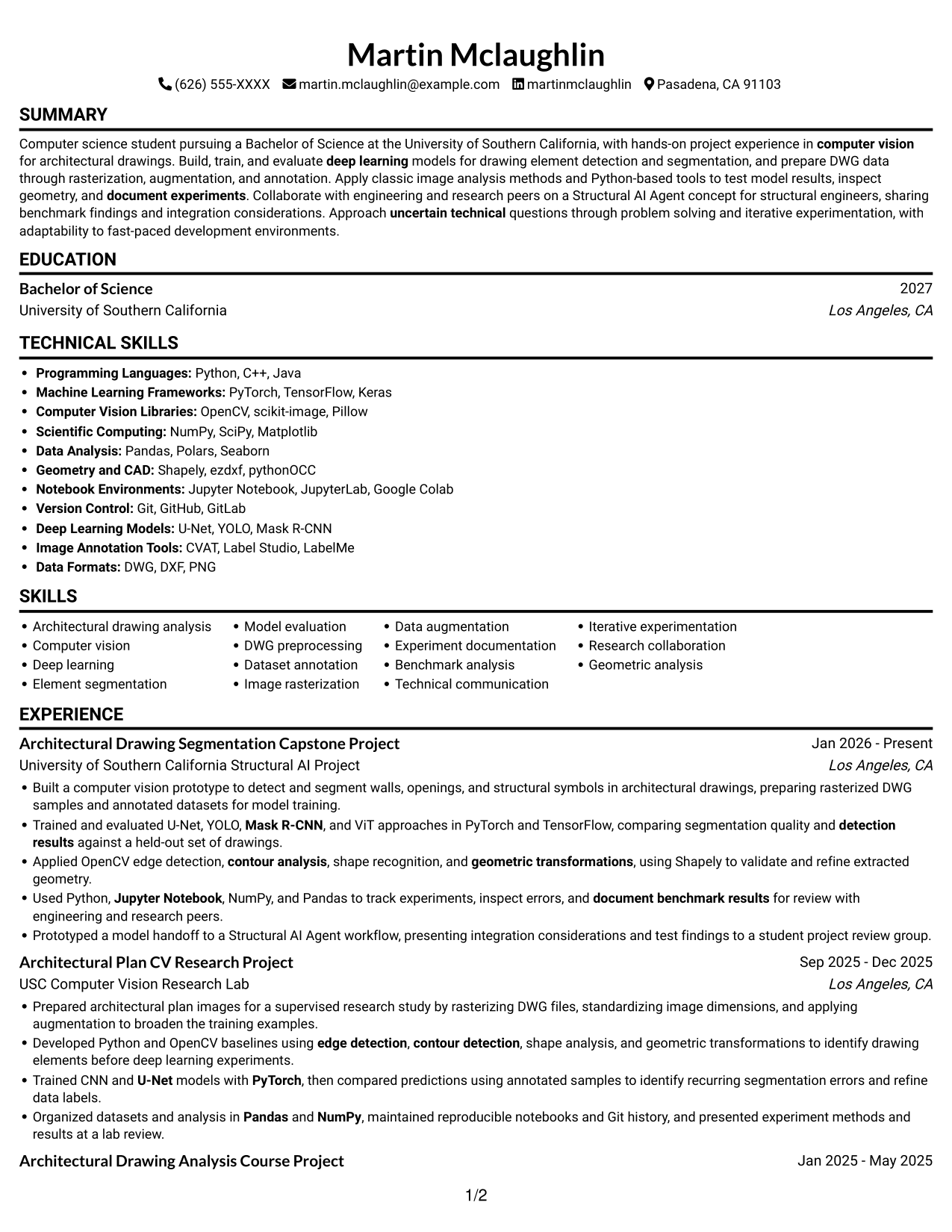 AI/ML Engineer Intern - Architectural Modeling resume, page 1
