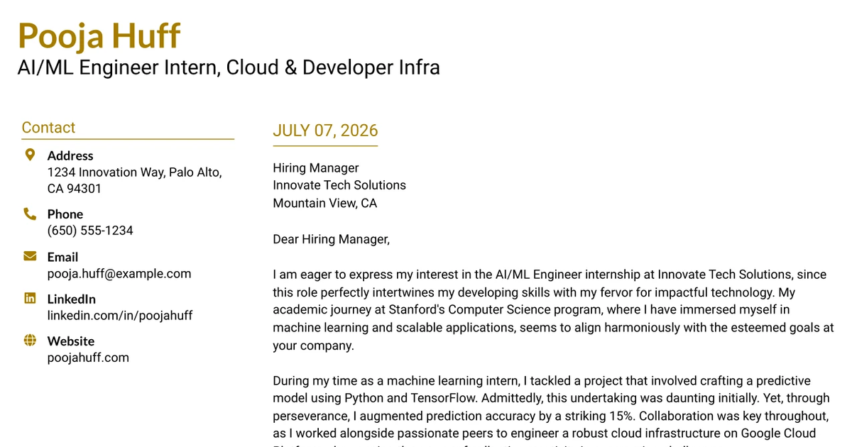 30+ AI/ML Engineer Intern, Cloud & Developer Infra Cover Letter Templates with Example 2026