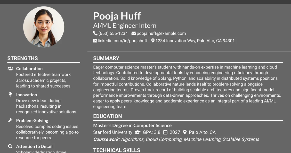 33 AI/ML Engineer Intern, Cloud & Developer Infra Resume Templates with Example 2026 (ATS-Optimized)