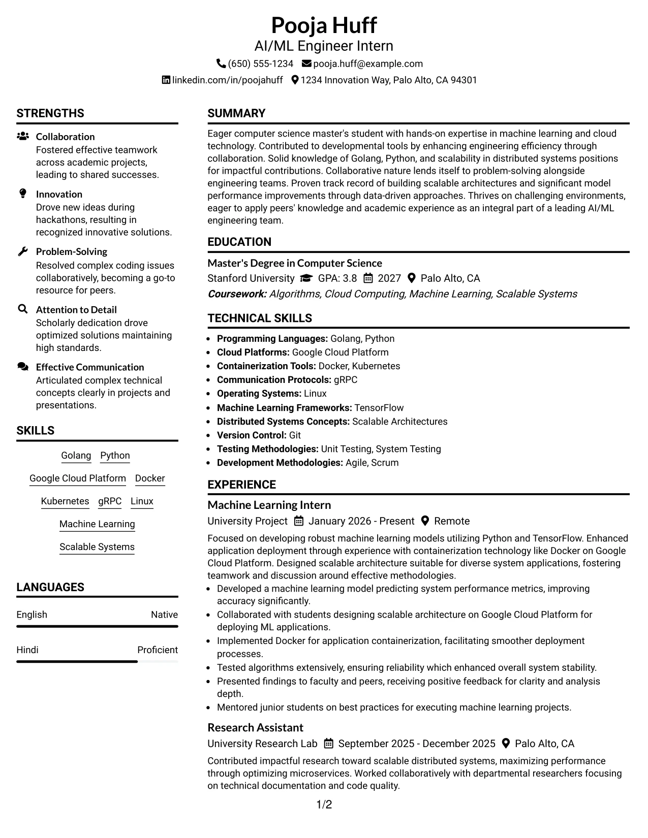 Resume Example Page 1