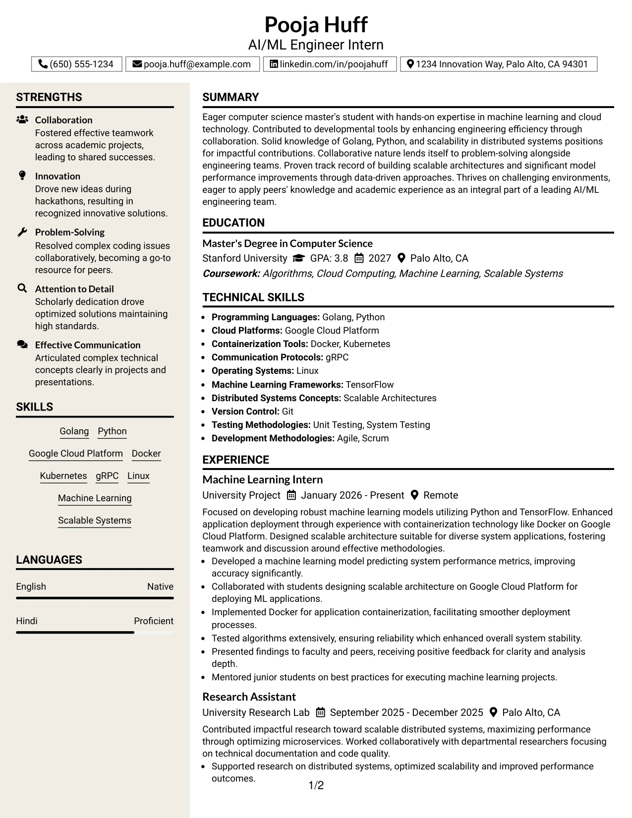 Resume Example Page 1