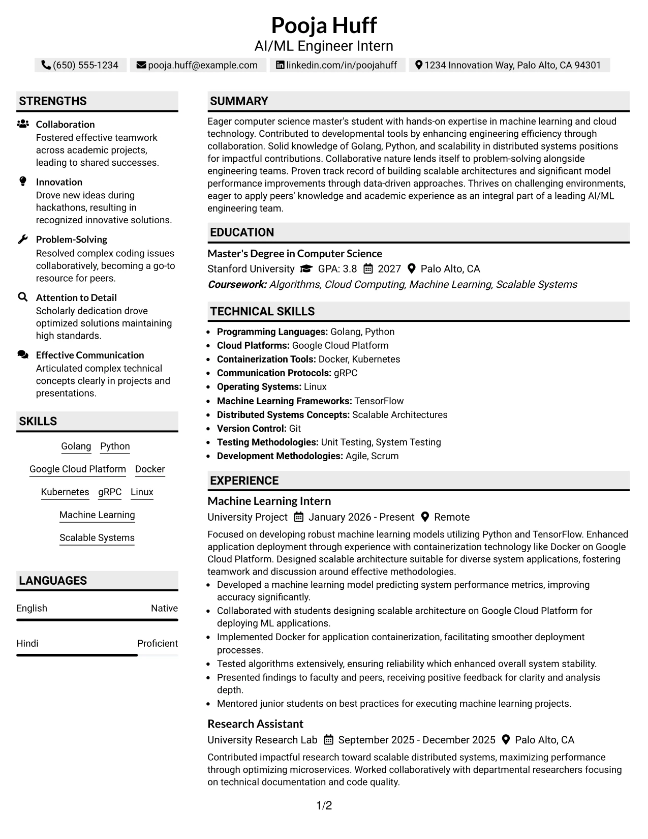 Resume Example Page 1