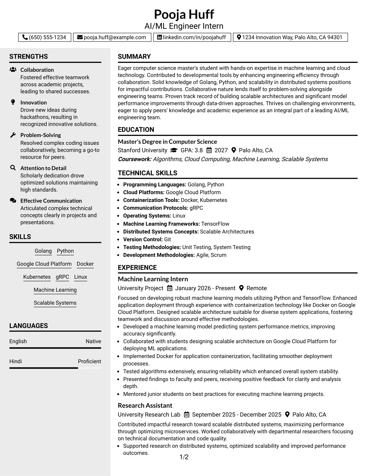 Resume Example Page 1