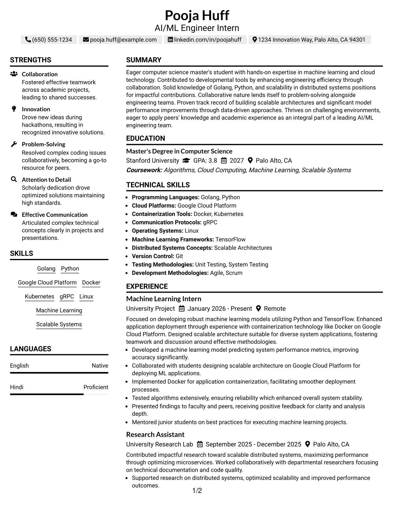 Resume Example Page 1