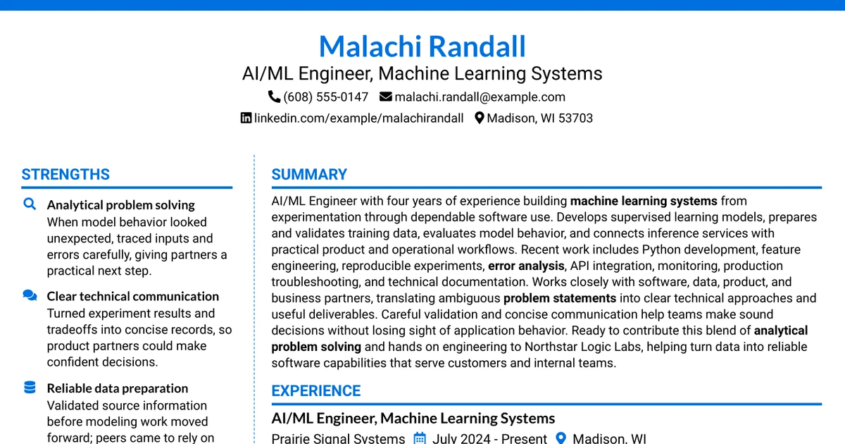33 AI/ML Engineer - Machine Learning Systems Resume Templates with Example 2026 (ATS-Optimized)