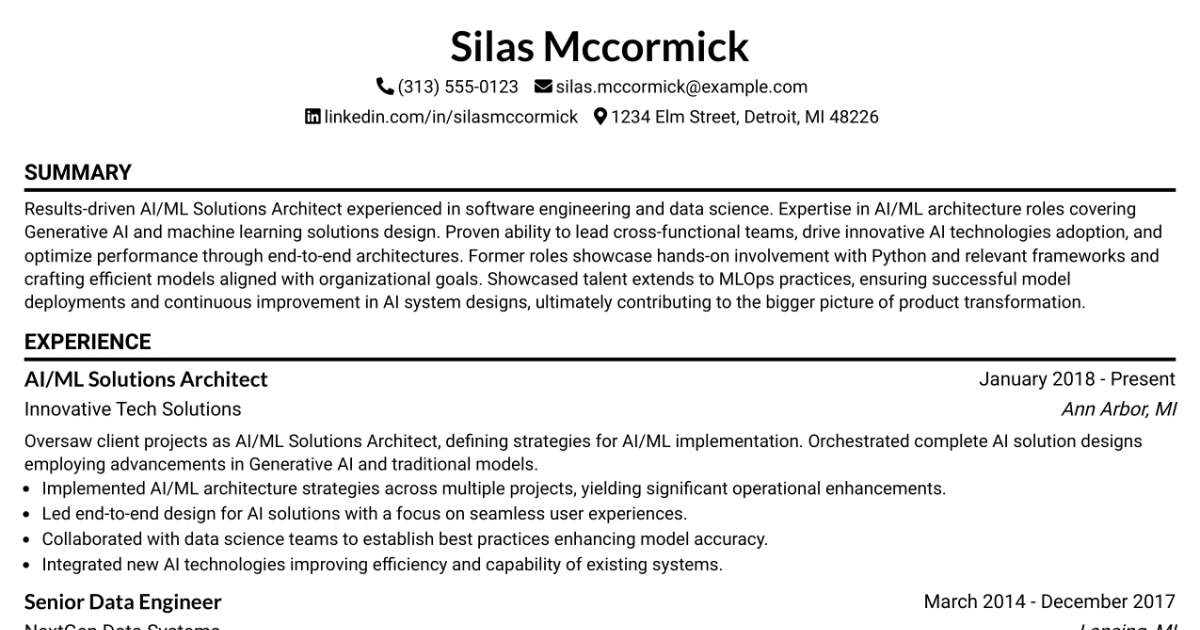 33 AI/ML Solutions Architect Resume Templates with Example 2026 (ATS-Optimized)