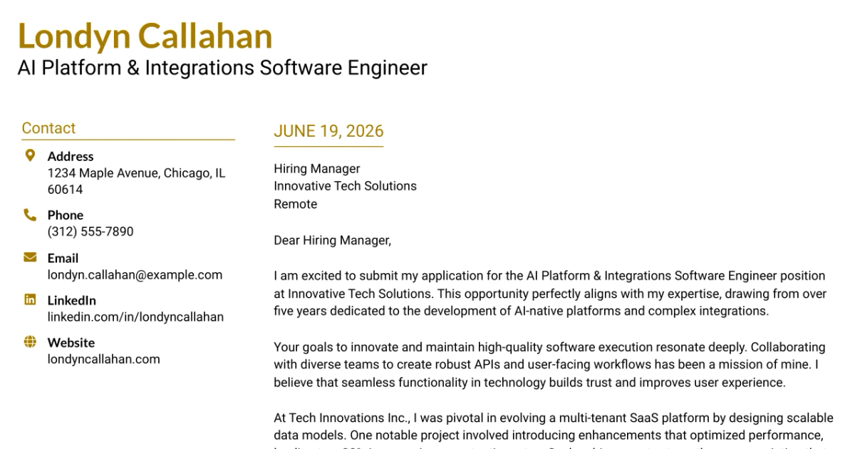 30+ AI Platform & Integrations Software Engineer Cover Letter Templates with Example 2026