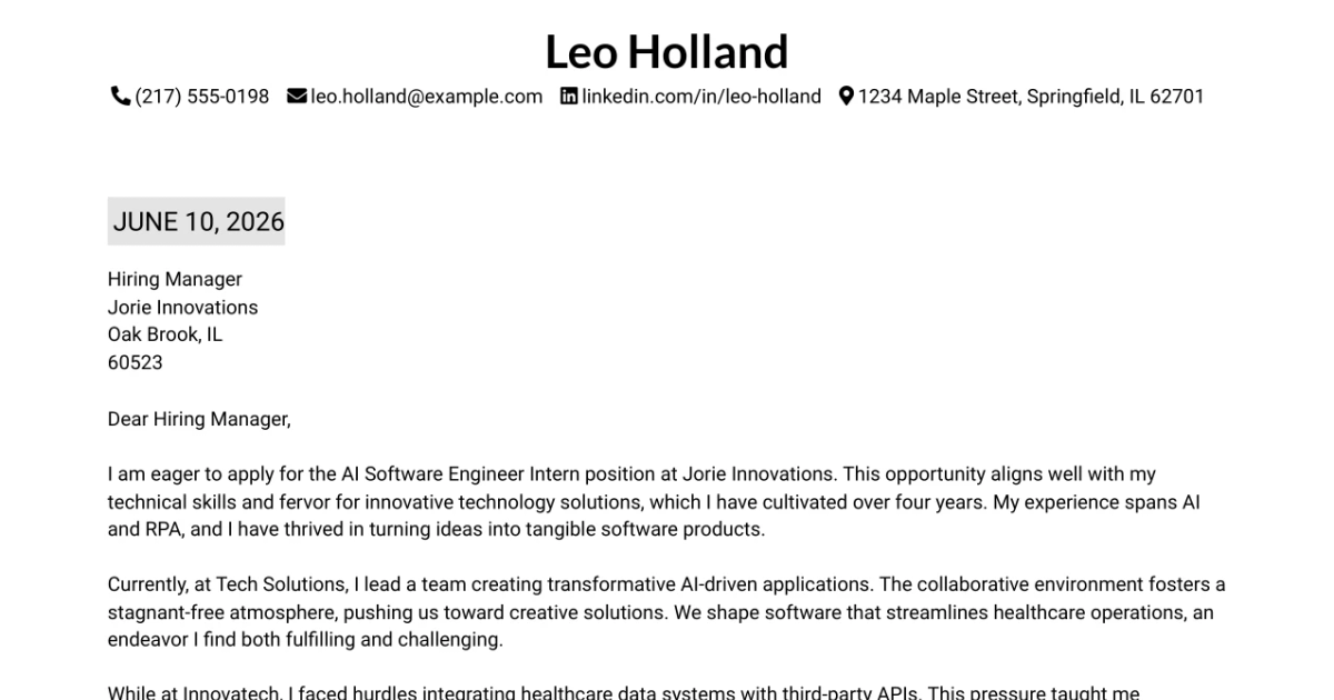 30+ AI Software Engineer Intern Cover Letter Templates with Example 2026