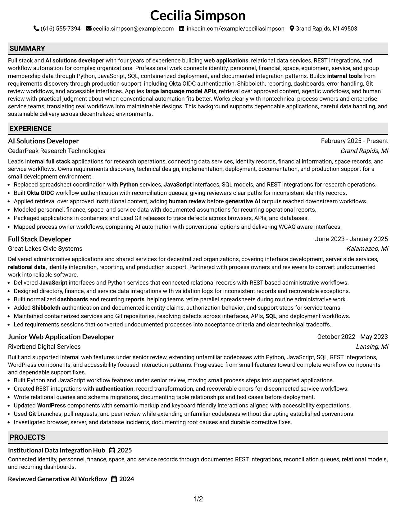 Resume Example Page 1