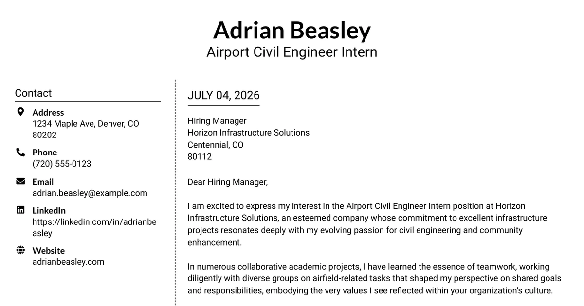 30+ Airport Civil Engineer Intern Cover Letter Templates with Example 2026