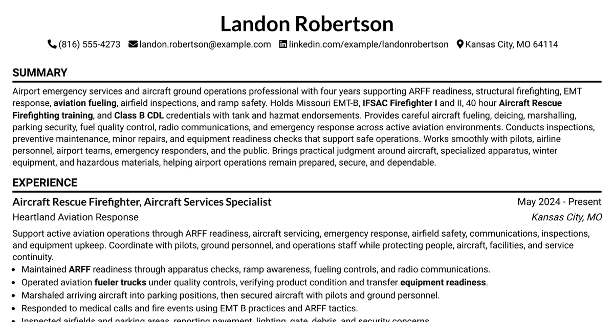 7 Airport Rescue Fire Fighter (ARFF) - Aircraft Services Resume Templates with Example