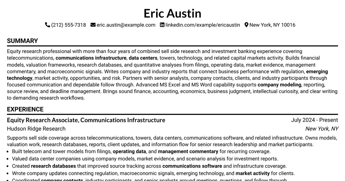 7 Analyst/Associate: Equity Research - Telecommunication, Data Center and Tower Resume Templates with Example
