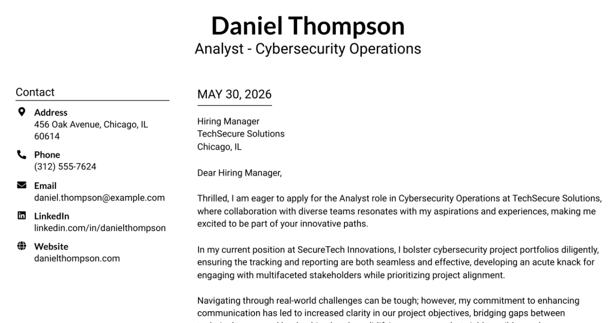 30+ Analyst - Cybersecurity Operations Cover Letter Templates with Example 2026