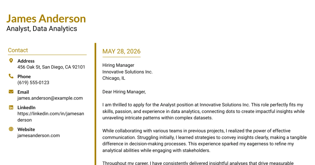 30+ Analyst, Data Analytics Cover Letter Templates with Example 2026