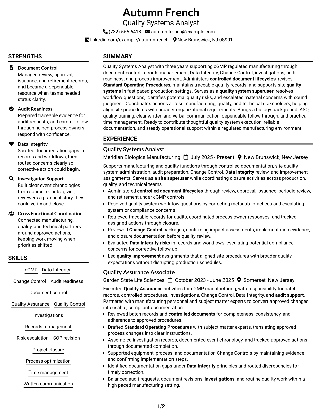 Resume Example Page 1