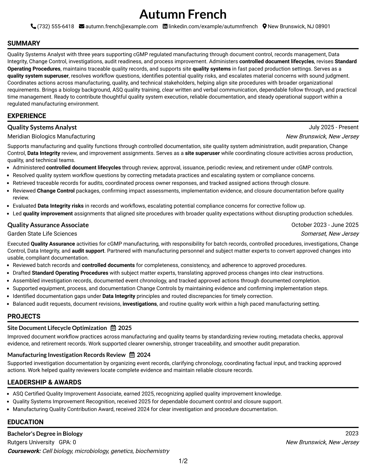 Resume Example Page 1