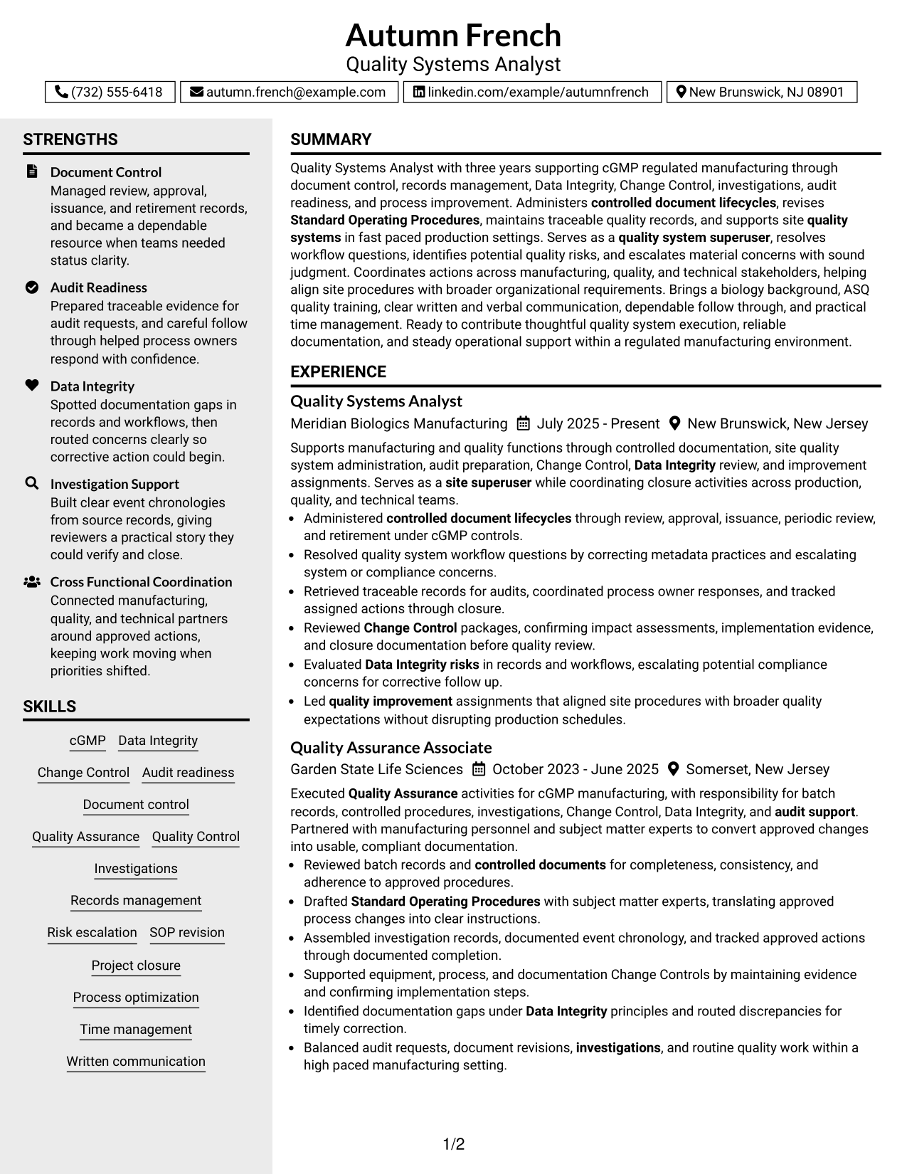 Resume Example Page 1